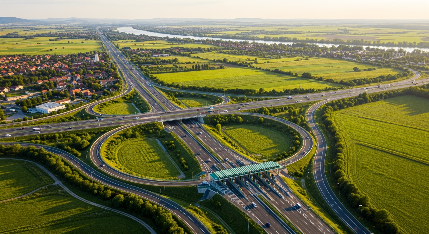Letecký pohľad na maďarský diaľničný systém s mýtnymi bránami